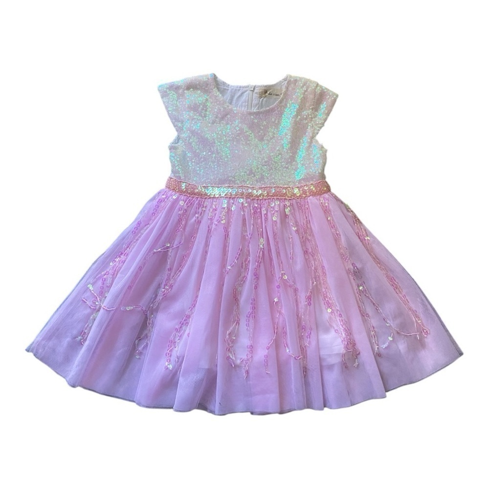 DOE A DEAR-PINK AND WHITE SEQUIN DRESS-SIZE 4T
